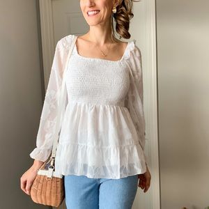 Square Neck Smocked Babydoll Tops Long Puff Sleeve Lace Blouse Floral Textured